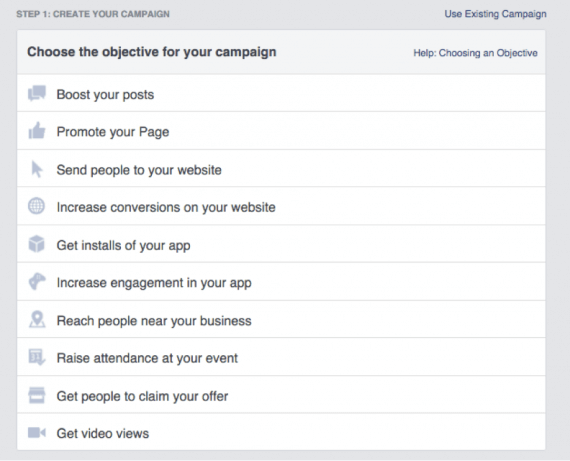 Facebook предлагает 10 видов кампаний.