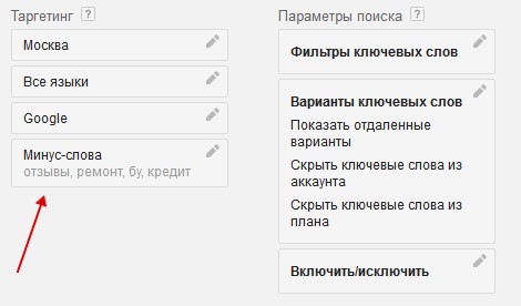Минус-слова в Планировщике ключевых слов