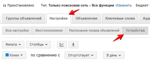 Устройства в настройках Adwords